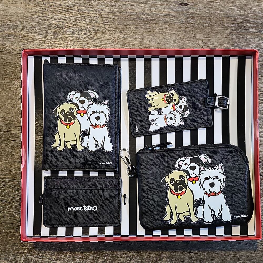 Marc Tetro Dog Print Faux Leather Accessory Set 4 Piece Black Beige Red